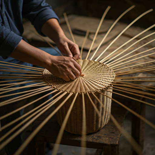 Pengrajin menganyam rotan tradisional di sanggar kerja yang terang.